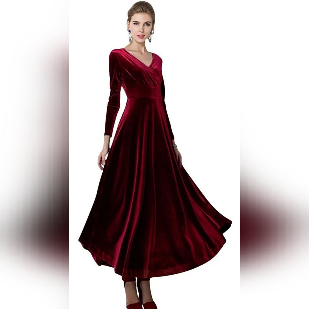 Urban CoCo Women Long Sleeve V-Neck Velvet Stretchy Long Dress
